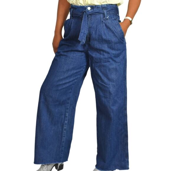 Zara Trouser Jeans Paperbag Waist Belted High Rise Pleated Wide Leg Flare Size 2 - Picture 1 of 15